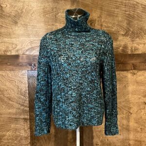 82% Acrylic 15% Wool Blue Black Chunky‎ Knit Turtleneck Sweater